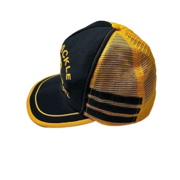 Vtg 3 Three Stripe Trucker Hat Fishing Tackle Black Yellow Snapback Mesh Cap USA - Picture 3 of 9
